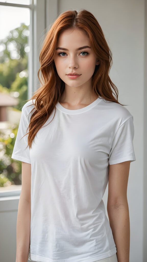 a (((highly detailed full body photograph))), capturing a (((beautiful young girl))) with long, straight, smooth auburn hair that flows down past her shoulders. Her face is perfectly shaped, with full, kissable lips and a slightly open mouth. She's dressed in a (((white cropped plain t-shirt))), highlighting her perfectly proportioned figure. The scene is (extremely detailed) and (super realistic), with a (natural, soft light) that brings out her natural beauty