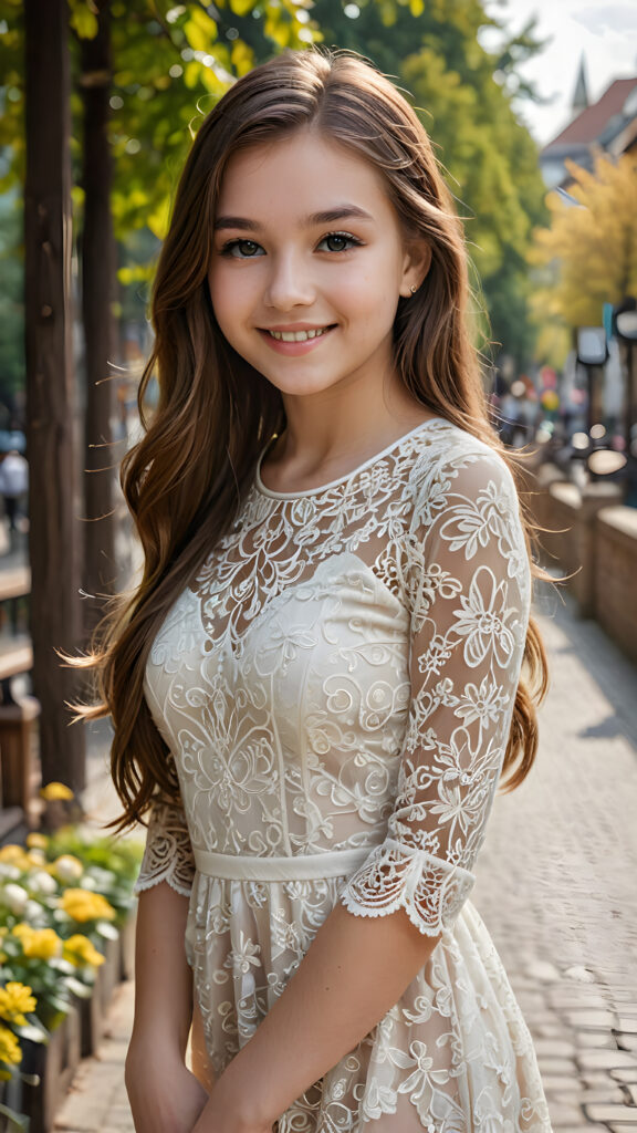 a highly stylized detailed photo of the beautiful (((teen girl))), soft long sleek cooper hair, smile, perfect and fit body, intricate details, ((dressed in a tight thin, lace dress))