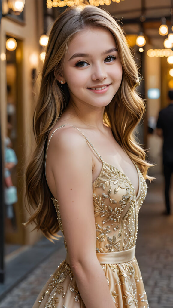 a highly stylized detailed photo of the beautiful (((teen girl))), soft long sleek gold hair, smile, perfect and fit body, intricate details, wearing a thin prom dress