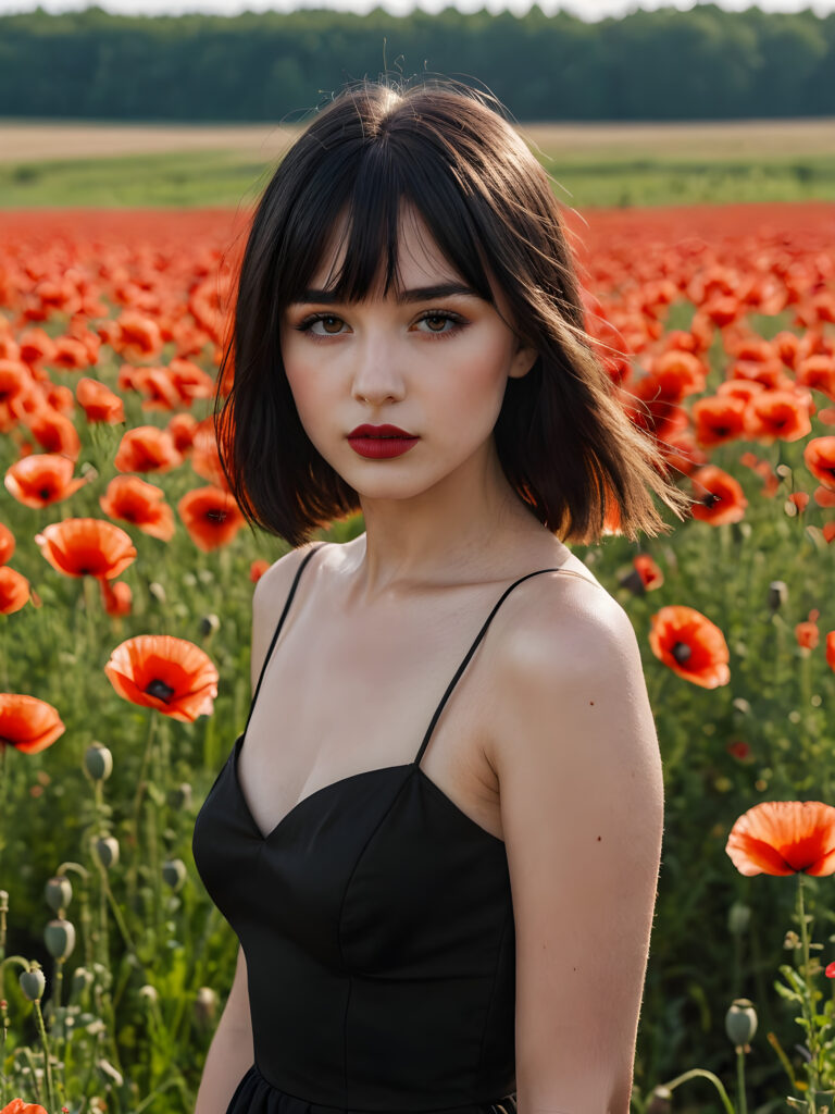 a hot young gotic teen girl in a poppy field, dark straight hair bangs cut, lightly black dressed, perfect body, flirts with the viewer ((stunning)) ((gorgeous)) ((full lips)) ((side view))