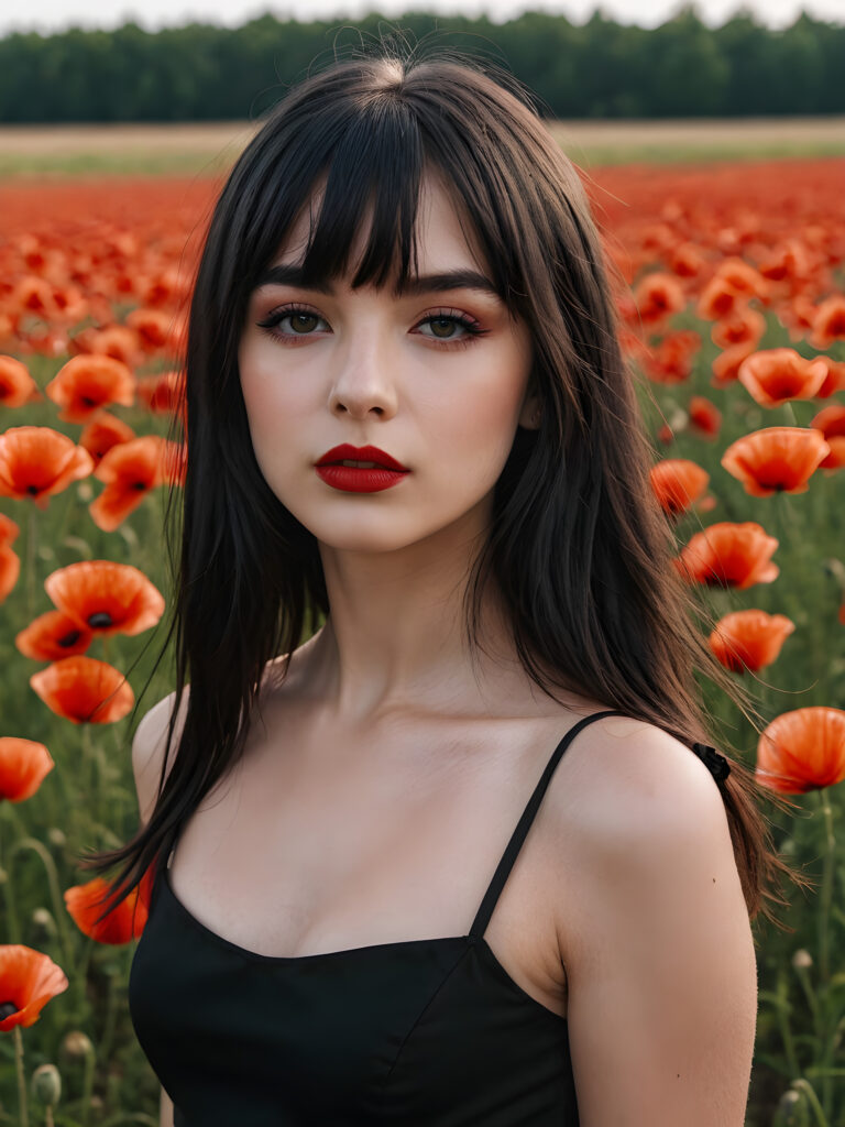 a hot young gotic teen girl in a poppy field, dark straight hair bangs cut, lightly black dressed, perfect body, flirts with the viewer ((stunning)) ((gorgeous)) ((full lips)) ((side view))