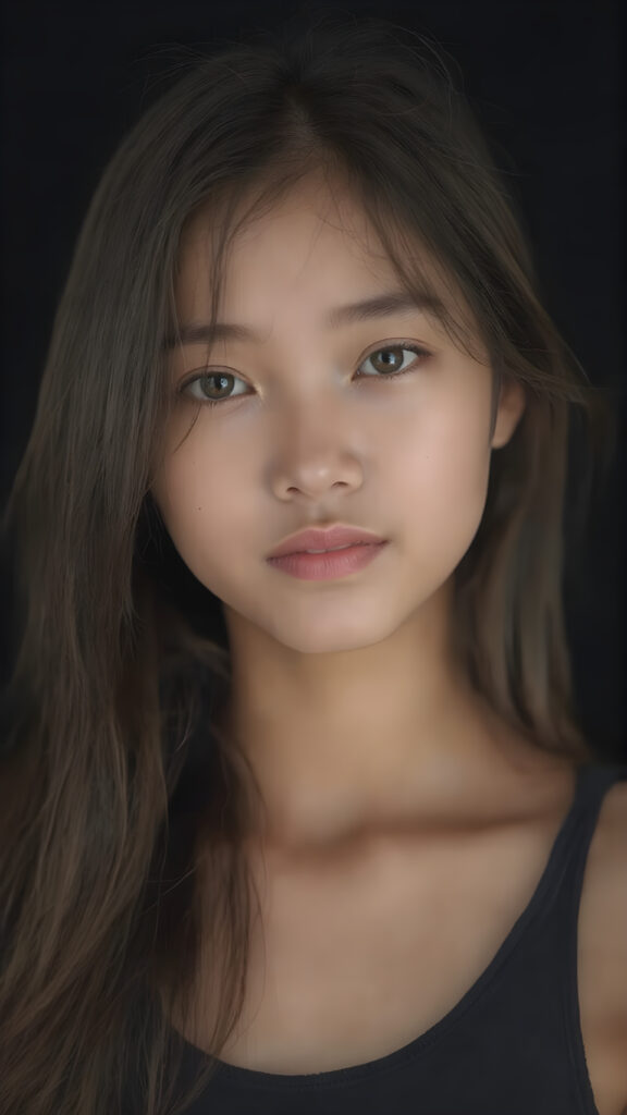 a (((hyper-realistic upper body portrait))), captured in a (((very high resolution photograph))), a young Japanese teenage girl, 13 years old, with luxuriously long, straight, thick, natural soft hair and (perfectly natural amber eyes) wearing a sleek, tight, thin, deep neck dark tank top, flawless complexion. Her skin is exuding (beautifully drawn) on her face, with perfectly straight natural white teeth, smile, against a black backdrop, perfect light and shadows