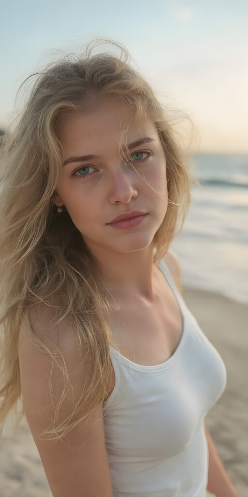 a (((hyper realistic full length moment))) capturing a (((beautiful girl with long, messy blonde hair and pale skin))), elegantly dressed in a ((white fitted top)), (balancing out to meet the camera's focus) while striking a (softly sad expression) that exudes happiness amidst a backdrop of a (serene, sandy beach) with a warm, inviting sun and gentle waves lapping at the shore, framed by the wide angle lens of a (landscape photograph) that gives a sense of immersive detail