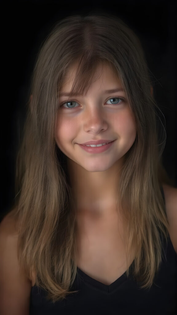 a (((hyper-realistic full body portrait))), captured in a (((very high resolution photograph))), a young girl, 13 years old, with luxuriously long, straight, thick, natural long straight soft hair and (perfectly natural amber eyes) wearing a sleek, tight, thin, V-neck dark sports tank top, flawless complexion. Her skin is exuding (beautifully drawn) on her face, with perfectly straight natural white teeth, smile, against a black backdrop, perfect light and shadows