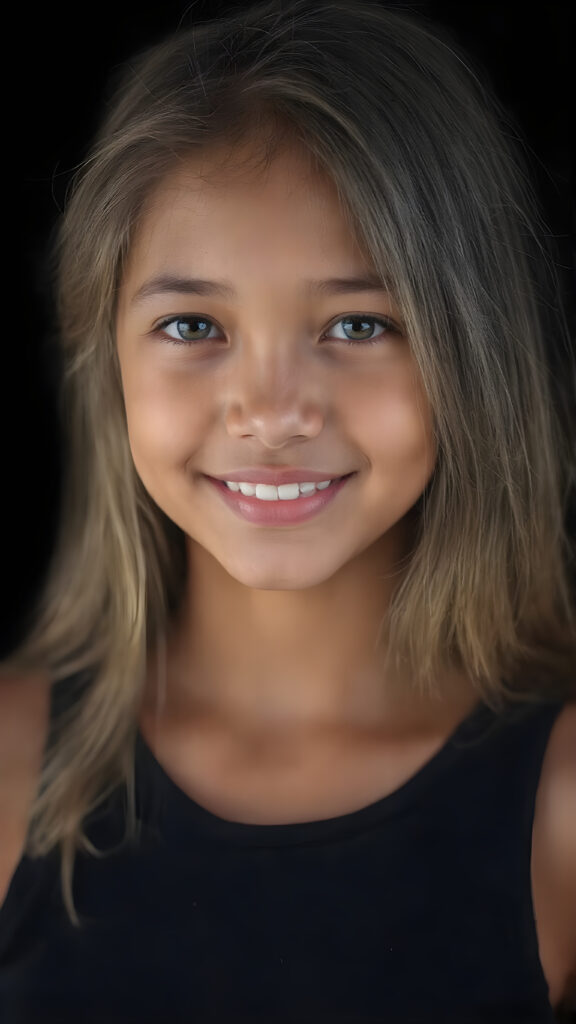 a (((hyper-realistic upper body portrait))), captured in a (((very high resolution photograph))), a young tanned Filipino teenage girl, 13 years old, with luxuriously long, straight, thick, natural soft hair and (perfectly natural amber eyes) wearing a sleek, tight, thin, deep neck dark tank top, flawless complexion. Her skin is exuding (beautifully drawn) on her face, with perfectly straight natural white teeth, smile, against a black backdrop, perfect light and shadows