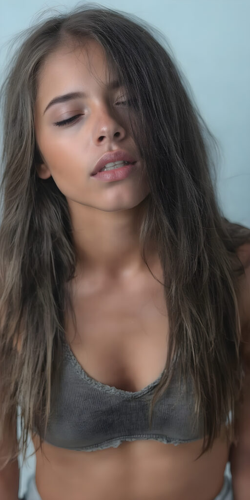 a (((hyper-realistic full angle body shot))), with intricate details and highly detailed textures, capturing a (((very beautiful young busty soiled girl))) with ((dirty skin)) and ((extremely long, sleek messy dark straight hair)), wearing a ((grey cropped tattered tank top, deep v-neck)) that stands out against a (light blue backdrop), her face poised in a ((natural pose)) with ((her lips open wide, closed eyes)) as if she is ((exuding confidence)) at a (professional studio photo shoot)