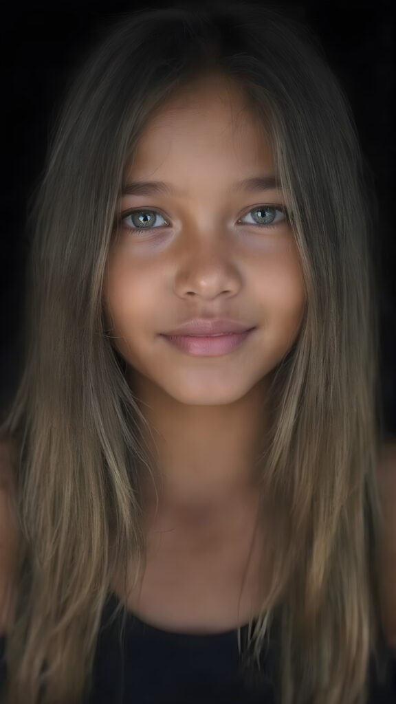 a (((hyper-realistic upper body portrait))), captured in a (((very high resolution photograph))), a young tanned Filipino teenage girl, 13 years old, with luxuriously long, straight, thick, natural soft hair and (perfectly natural amber eyes) wearing a sleek, tight, thin, deep neck dark tank top, flawless complexion. Her skin is exuding (beautifully drawn) on her face, with perfectly straight natural white teeth, smile, against a black backdrop, perfect light and shadows