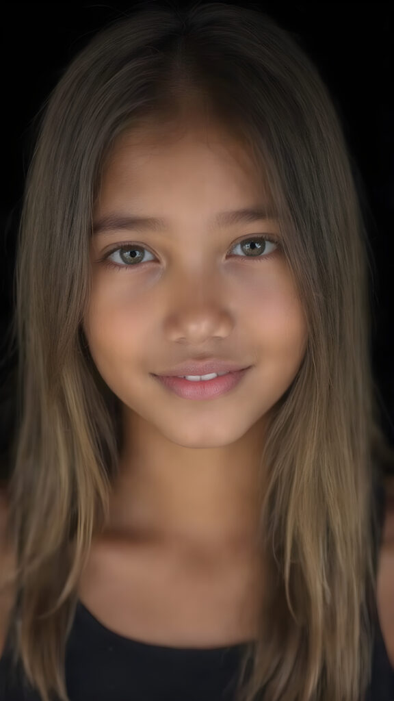 a (((hyper-realistic upper body portrait))), captured in a (((very high resolution photograph))), a young tanned Filipino teenage girl, 13 years old, with luxuriously long, straight, thick, natural soft hair and (perfectly natural amber eyes) wearing a sleek, tight, thin, deep neck dark tank top, flawless complexion. Her skin is exuding (beautifully drawn) on her face, with perfectly straight natural white teeth, smile, against a black backdrop, perfect light and shadows