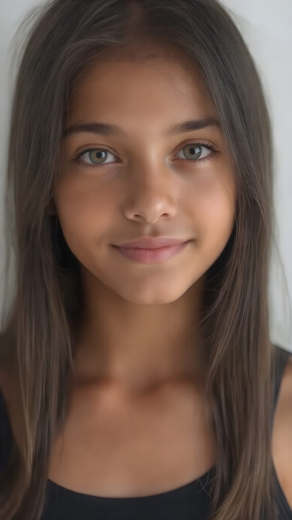 a (((hyper-realistic upper body portrait))), captured in a (((very high resolution photograph))), a young tanned Exotic teenage girl, 13 years old, with luxuriously long, straight, thick, natural soft dark hair and (perfectly natural amber eyes) wearing a sleek, tight, thin, deep neck dark tank top, flawless complexion. Her skin is exuding (beautifully drawn) on her face, with perfectly straight natural white teeth, smile, against a light grey backdrop, perfect light and shadows