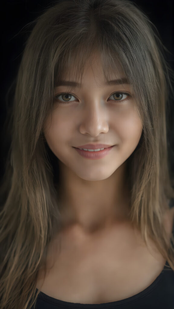 a (((hyper-realistic upper body portrait))), captured in a (((very high resolution photograph))), a young Japanese teenage girl, 13 years old, with luxuriously long, straight, thick, natural soft hair and (perfectly natural amber eyes) wearing a sleek, tight, thin, deep neck dark tank top, flawless complexion. Her skin is exuding (beautifully drawn) on her face, with perfectly straight natural white teeth, smile, against a black backdrop, perfect light and shadows