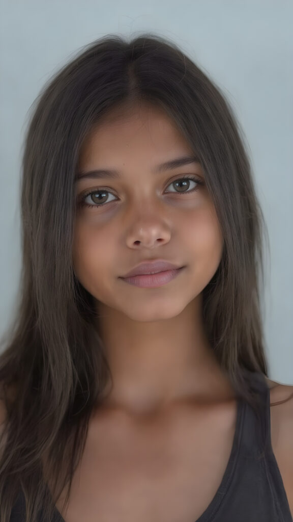 a (((hyper-realistic upper body portrait))), captured in a (((very high resolution photograph))), a young tanned Exotic teenage girl, 13 years old, with luxuriously long, straight, thick, natural soft dark hair and (perfectly natural amber eyes) wearing a sleek, tight, thin, deep neck dark tank top, flawless complexion. Her skin is exuding (beautifully drawn) on her face, with perfectly straight natural white teeth, smile, against a light grey backdrop, perfect light and shadows