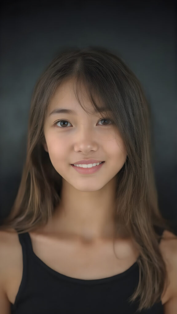 a (((hyper-realistic upper body portrait))), captured in a (((very high resolution photograph))), a young Japanese teenage girl, 13 years old, with luxuriously long, straight, thick, natural soft hair and (perfectly natural amber eyes) wearing a sleek, tight, thin, deep neck dark tank top, flawless complexion. Her skin is exuding (beautifully drawn) on her face, with perfectly straight natural white teeth, smile, against a black backdrop, perfect light and shadows