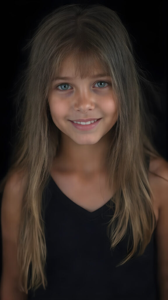 a (((hyper-realistic full body portrait))), captured in a (((very high resolution photograph))), a young girl, 13 years old, with luxuriously long, straight, thick, natural long straight soft hair and (perfectly natural amber eyes) wearing a sleek, tight, thin, V-neck dark sports tank top, flawless complexion. Her skin is exuding (beautifully drawn) on her face, with perfectly straight natural white teeth, smile, against a black backdrop, perfect light and shadows