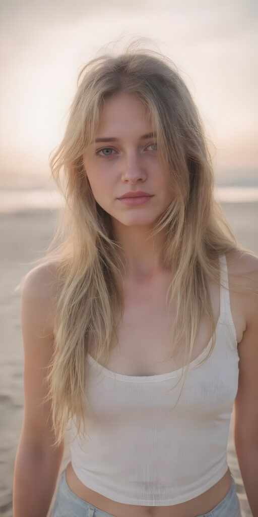 a (((hyper realistic full length moment))) capturing a (((beautiful girl with long, messy blonde hair and pale skin))), elegantly dressed in a ((white fitted top)), (balancing out to meet the camera's focus) while striking a (softly sad expression) that exudes happiness amidst a backdrop of a (serene, sandy beach) with a warm, inviting sun and gentle waves lapping at the shore, framed by the wide angle lens of a (landscape photograph) that gives a sense of immersive detail