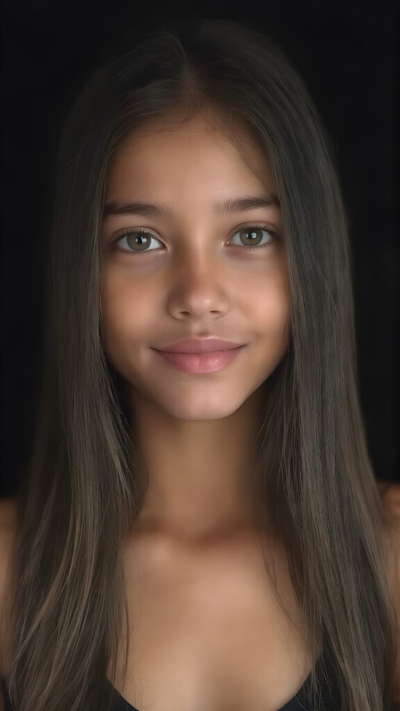 a (((hyper-realistic upper body portrait))), captured in a (((very high resolution photograph))), a young tanned Filipino teenage girl, 13 years old, with luxuriously long, straight, thick, natural soft hair and (perfectly natural amber eyes) wearing a sleek, tight, thin, deep neck dark tank top, flawless complexion. Her skin is exuding (beautifully drawn) on her face, with perfectly straight natural white teeth, smile, against a black backdrop, perfect light and shadows