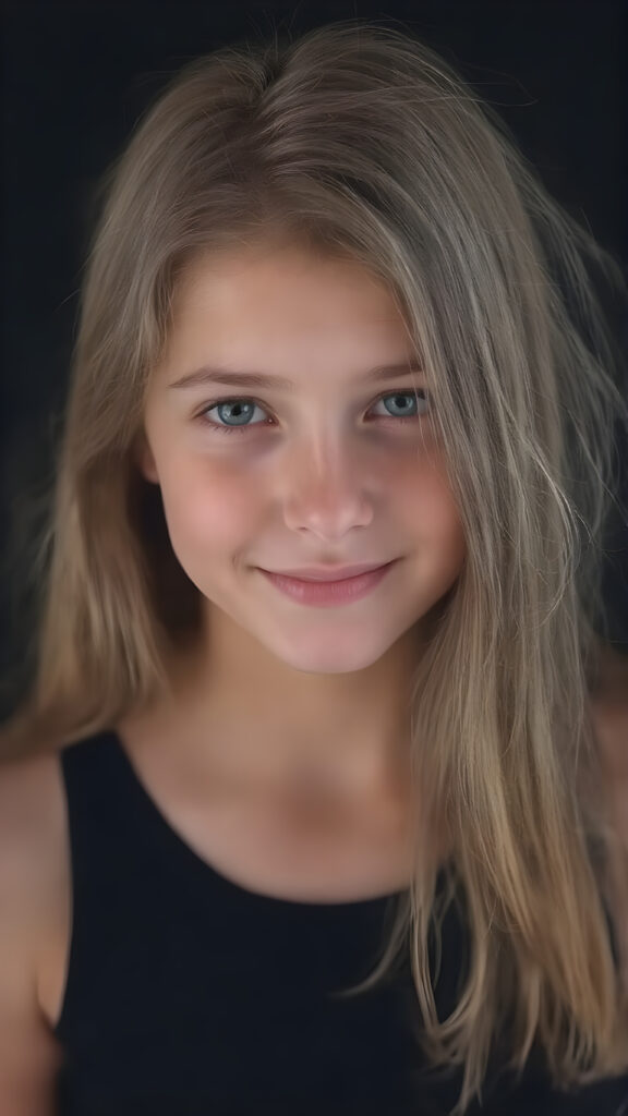 a (((hyper-realistic upper body portrait))), captured in a (((very high resolution photograph))), a young teenage girl, 13 years old, with luxuriously long, straight, thick, natural amber soft hair and (perfectly natural amber eyes) wearing a sleek, tight, thin, deep neck dark tank top, flawless complexion. Her skin is exuding (beautifully drawn) on her face, with perfectly straight natural white teeth, smile, against a black backdrop, perfect light and shadows