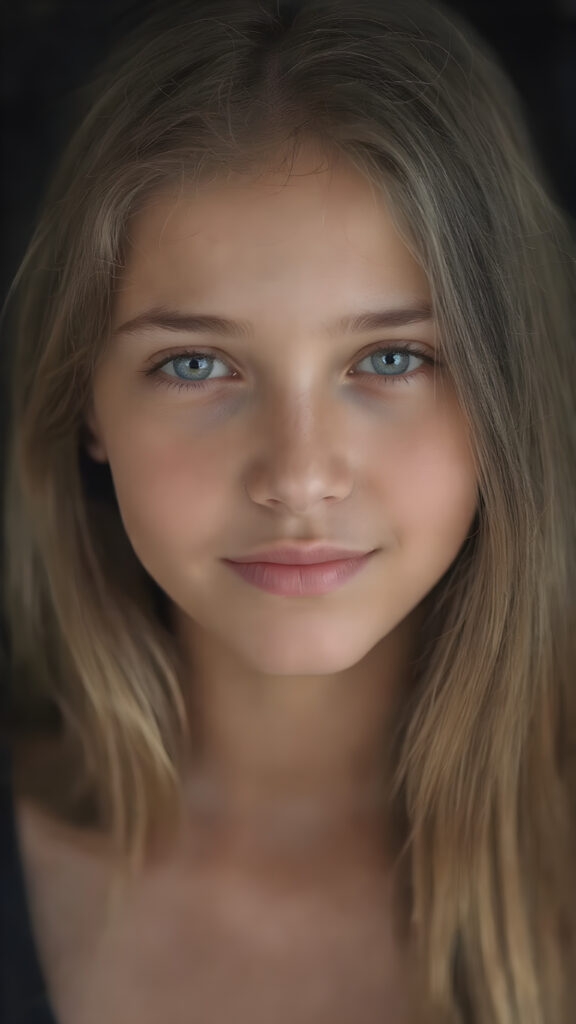 a (((hyper-realistic upper body portrait))), captured in a (((very high resolution photograph))), a young teenage girl, 13 years old, with luxuriously long, straight, thick, natural amber soft hair and (perfectly natural amber eyes) wearing a sleek, tight, thin, deep neck dark tank top, flawless complexion. Her skin is exuding (beautifully drawn) on her face, with perfectly straight natural white teeth, smile, against a black backdrop, perfect light and shadows