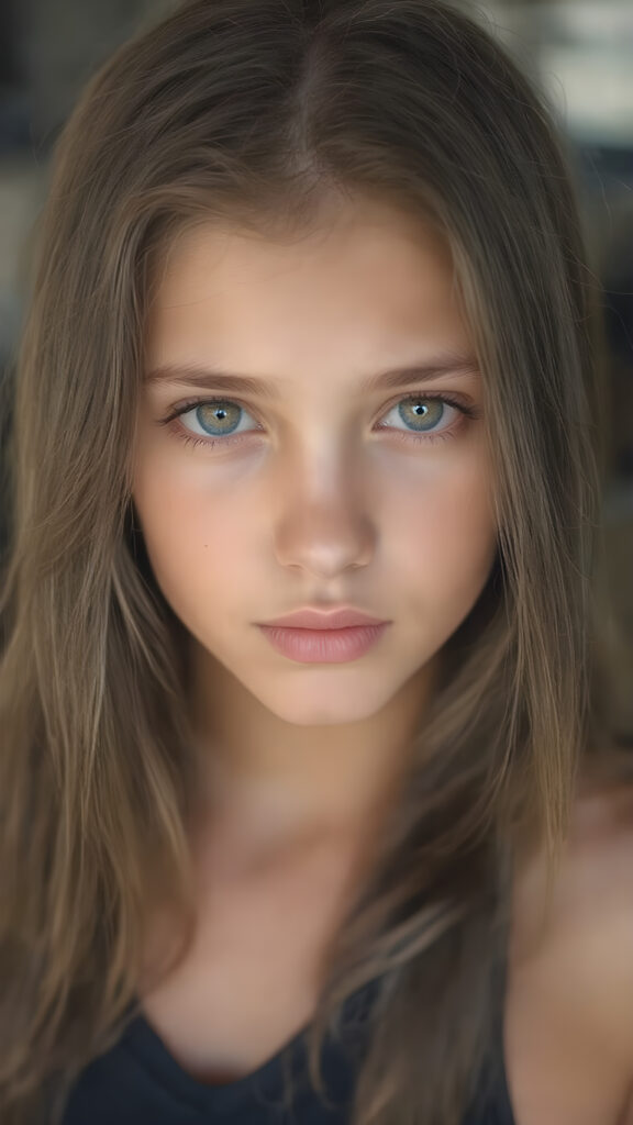 a (((hyper-realistic full body portrait))), captured in a (((very high resolution photograph))), a young girl with luxuriously long, straight, thick, natural long straight soft hair and (perfectly natural amber eyes) wearing a sleek, tight, thin, V-neck dark sports tank top, flawless complexion. Her skin is exuding (beautifully drawn) on her face, with perfectly straight natural white teeth that are clearly visible in a full body view.