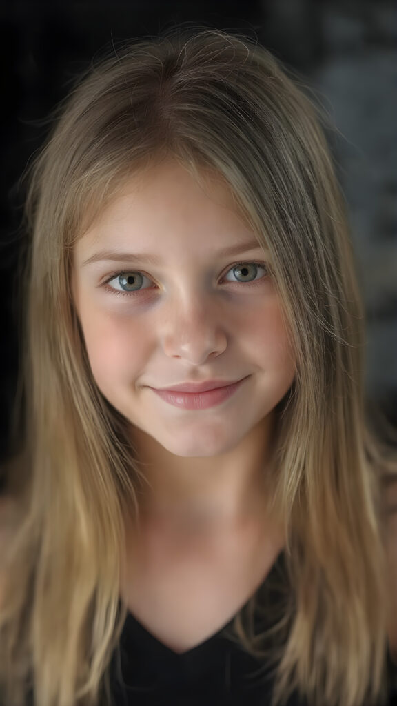 a (((hyper-realistic full body portrait))), captured in a (((very high resolution photograph))), a young girl, 13 years old, with luxuriously long, straight, thick, natural long straight soft hair and (perfectly natural amber eyes) wearing a sleek, tight, thin, V-neck dark sports tank top, flawless complexion. Her skin is exuding (beautifully drawn) on her face, with perfectly straight natural white teeth, smile, against a black backdrop, perfect light and shadows