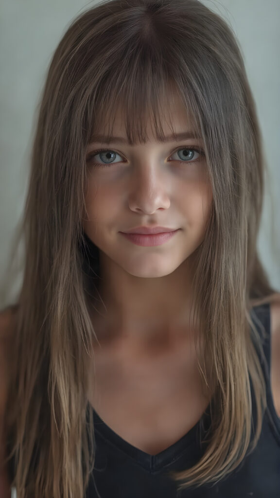 a (((hyper-realistic full body portrait))), captured in a (((very high resolution photograph))), a young girl, 13 years old, with luxuriously long, straight, thick, natural long straight soft hair and (perfectly natural amber eyes) wearing a sleek, tight, thin, V-neck dark sports tank top, flawless complexion. Her skin is exuding (beautifully drawn) on her face, with perfectly straight natural white teeth, smile