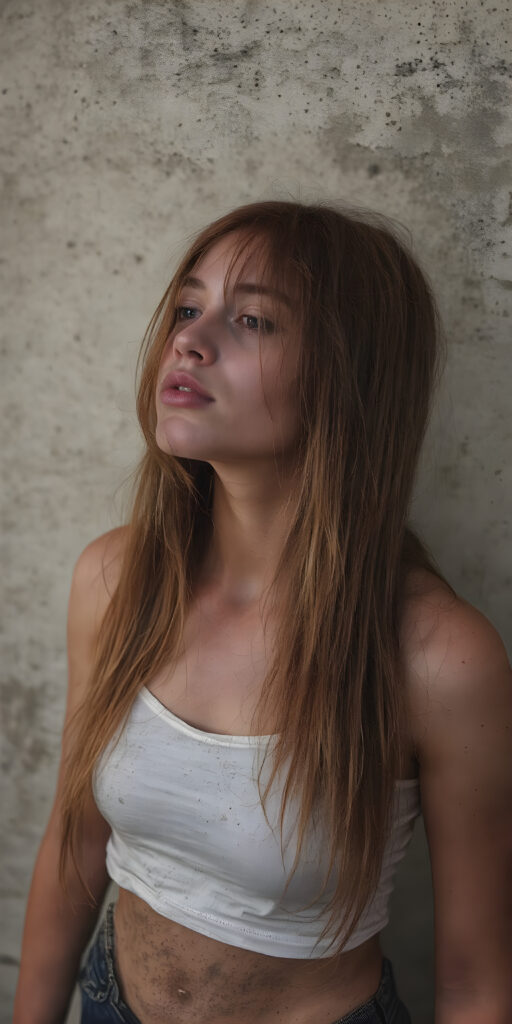 a (((hyper-realistic full angle body shot))), with intricate details and highly detailed textures, capturing a (((very beautiful dirty girl))) with ((dirty skin)) and ((extremely long, sleek straight red hair)), wearing a ((white cropped tattered tank top)) that stands out against a (very dirty backdrop), her face poised in a ((natural pose)) with ((her lips open wide)) as if she is ((exuding confidence)) at a (professional studio photo shoot)