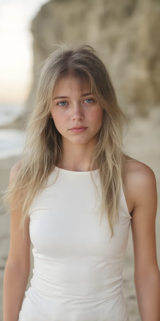 a (((hyper realistic full length moment))) capturing a (((beautiful girl with long, messy blonde hair and pale skin))), elegantly dressed in a ((white fitted top)), (balancing out to meet the camera's focus) while striking a (softly sad expression) that exudes happiness amidst a backdrop of a (serene, sandy beach) with a warm, inviting sun and gentle waves lapping at the shore, framed by the wide angle lens of a (landscape photograph) that gives a sense of immersive detail