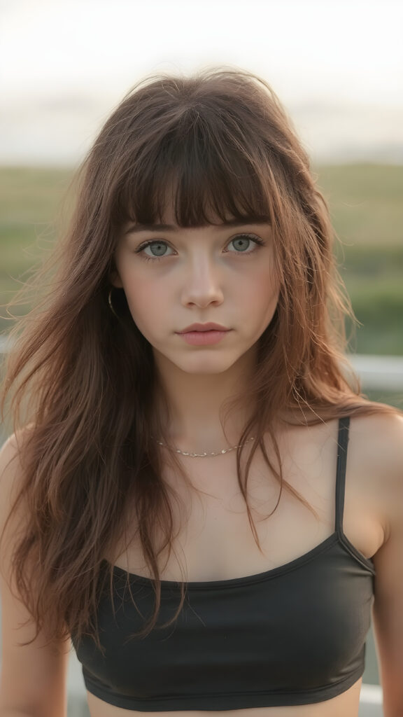 a (((hyper realistic 8K dynamic upper body photograph))), featuring a (((beautiful 16-year-old girl))) with intricate, detailed long maroon locks and luxurious bangs cut, striking realistic and detailed maroon eyes, framed by a perfect oval face with exquisite details, wearing an ultra-short bikini and a super-short, curve-hugging mini skirt ((natural background))