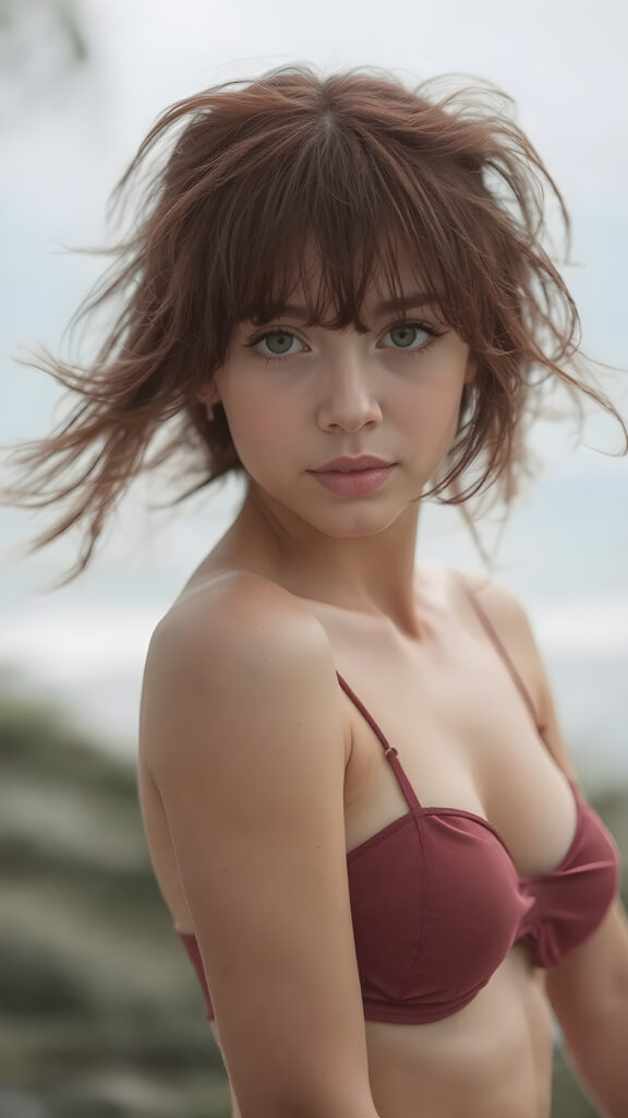 a (((hyper realistic 8K dynamic upper body photograph))), featuring a (((beautiful 16-year-old girl))) with intricate, detailed long maroon locks and luxurious bangs cut, striking realistic and detailed maroon eyes, framed by a perfect oval face with exquisite details, wearing an ultra-short bikini and a super-short, curve-hugging mini skirt ((natural background))