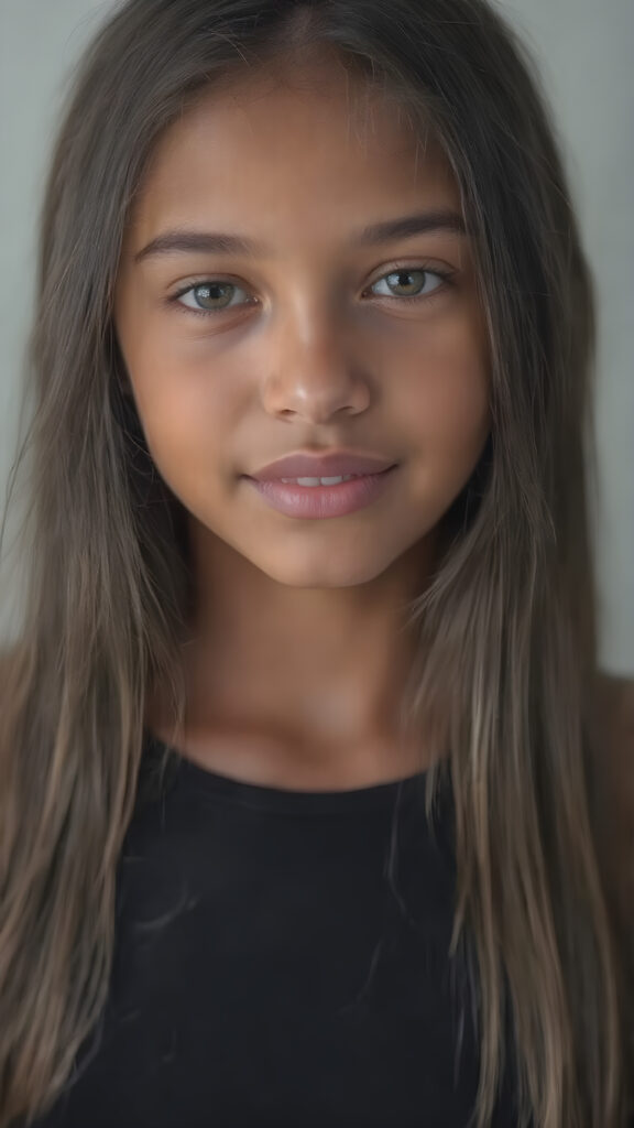 a (((hyper-realistic upper body portrait))), captured in a (((very high resolution photograph))), a young tanned Exotic teenage girl, 13 years old, with luxuriously long, straight, thick, natural soft dark hair and (perfectly natural amber eyes) wearing a sleek, tight, thin, deep neck dark tank top, flawless complexion. Her skin is exuding (beautifully drawn) on her face, with perfectly straight natural white teeth, smile, against a light grey backdrop, perfect light and shadows