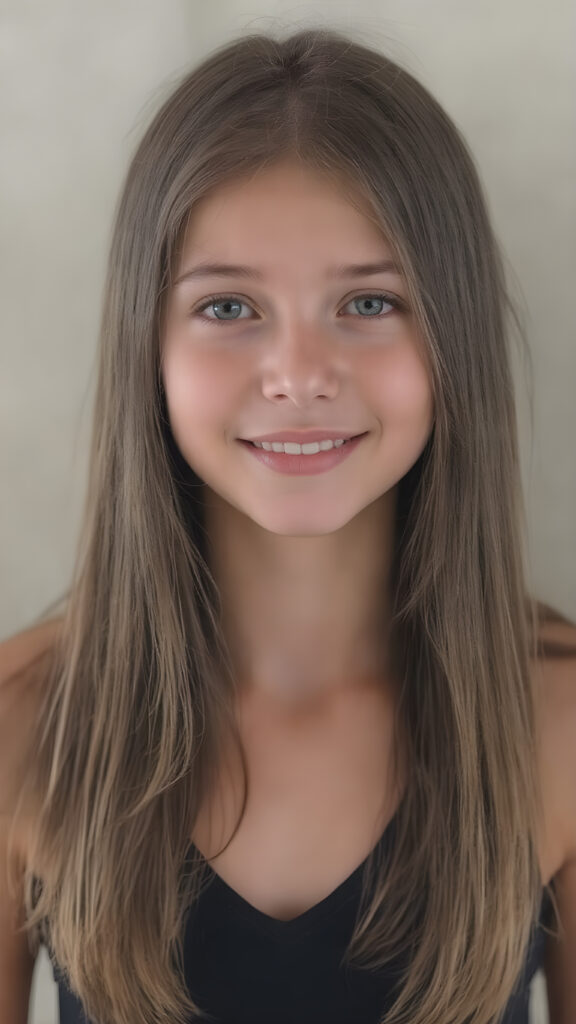 a (((hyper-realistic full body portrait))), captured in a (((very high resolution photograph))), a young girl, 13 years old, with luxuriously long, straight, thick, natural long straight soft hair and (perfectly natural amber eyes) wearing a sleek, tight, thin, V-neck dark sports tank top, flawless complexion. Her skin is exuding (beautifully drawn) on her face, with perfectly straight natural white teeth, smile