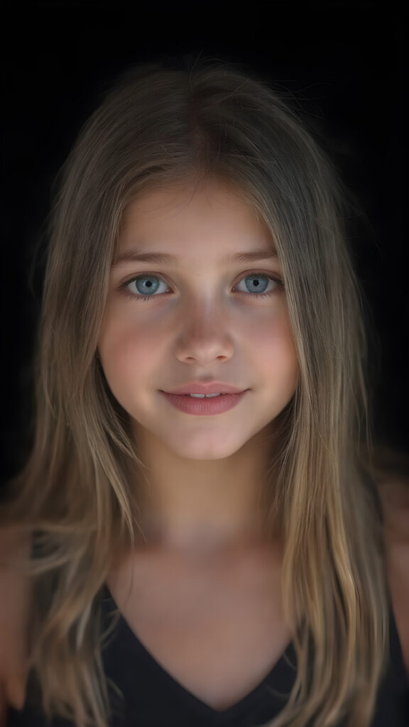 a (((hyper-realistic full body portrait))), captured in a (((very high resolution photograph))), a young girl, 13 years old, with luxuriously long, straight, thick, natural long straight soft hair and (perfectly natural amber eyes) wearing a sleek, tight, thin, V-neck dark sports tank top, flawless complexion. Her skin is exuding (beautifully drawn) on her face, with perfectly straight natural white teeth, smile, against a black backdrop, perfect light and shadows