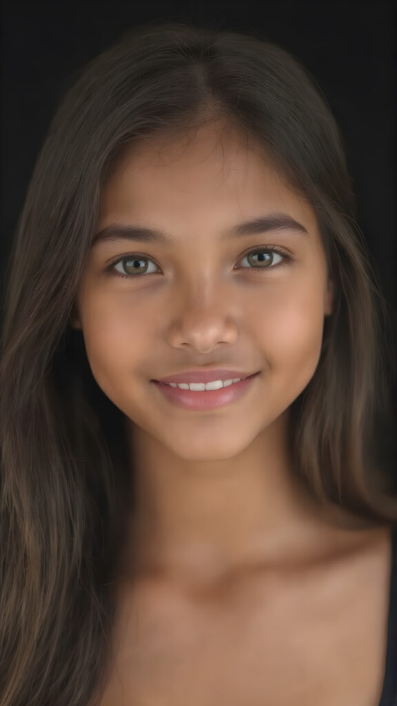 a (((hyper-realistic upper body portrait))), captured in a (((very high resolution photograph))), a young tanned Filipino teenage girl, 13 years old, with luxuriously long, straight, thick, natural soft hair and (perfectly natural amber eyes) wearing a sleek, tight, thin, deep neck dark tank top, flawless complexion. Her skin is exuding (beautifully drawn) on her face, with perfectly straight natural white teeth, smile, against a black backdrop, perfect light and shadows