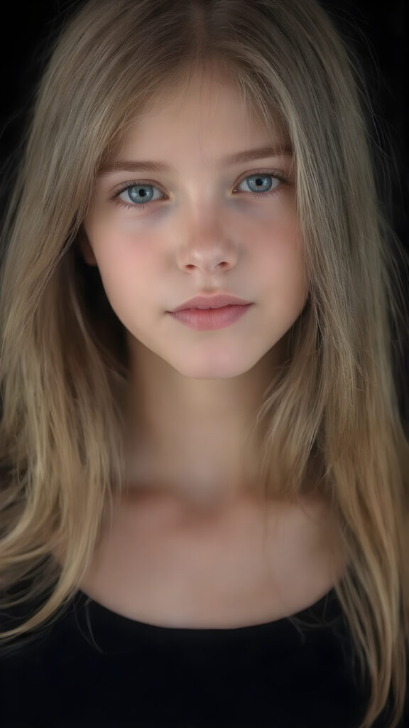 a (((hyper-realistic upper body portrait))), captured in a (((very high resolution photograph))), a young teenage girl, 13 years old, with luxuriously long, straight, thick, natural amber soft hair and (perfectly natural amber eyes) wearing a sleek, tight, thin, deep neck dark tank top, flawless complexion. Her skin is exuding (beautifully drawn) on her face, with perfectly straight natural white teeth, smile, against a black backdrop, perfect light and shadows