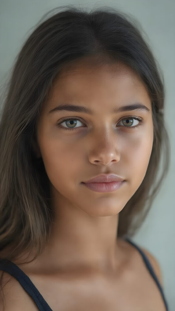 a (((hyper-realistic upper body portrait))), captured in a (((very high resolution photograph))), a young tanned Exotic teenage girl, 13 years old, with luxuriously long, straight, thick, natural soft dark hair and (perfectly natural amber eyes) wearing a sleek, tight, thin, deep neck dark tank top, flawless complexion. Her skin is exuding (beautifully drawn) on her face, with perfectly straight natural white teeth, smile, against a light grey backdrop, perfect light and shadows