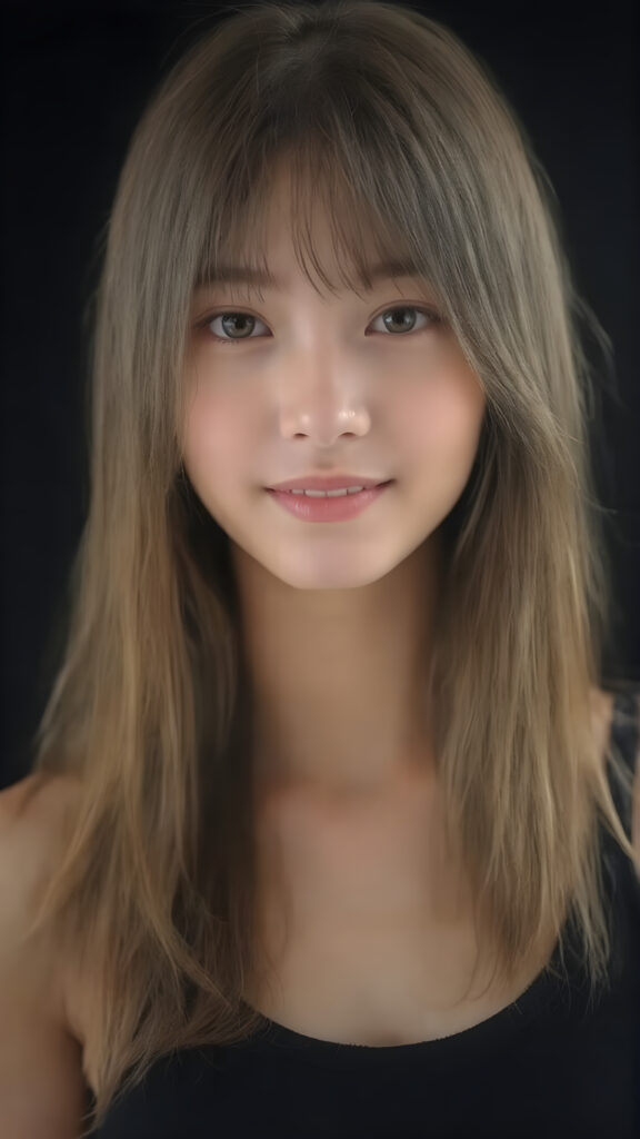 a (((hyper-realistic upper body portrait))), captured in a (((very high resolution photograph))), a young Japanese teenage girl, 13 years old, with luxuriously long, straight, thick, natural soft hair and (perfectly natural amber eyes) wearing a sleek, tight, thin, deep neck dark tank top, flawless complexion. Her skin is exuding (beautifully drawn) on her face, with perfectly straight natural white teeth, smile, against a black backdrop, perfect light and shadows