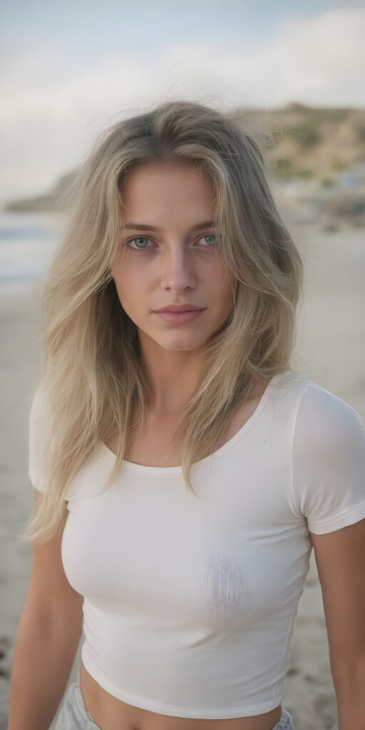 a (((hyper realistic full length moment))) capturing a (((beautiful girl with long, messy blonde hair and pale skin))), elegantly dressed in a ((white fitted top)), (balancing out to meet the camera's focus) while striking a (softly sad expression) that exudes happiness amidst a backdrop of a (serene, sandy beach) with a warm, inviting sun and gentle waves lapping at the shore, framed by the wide angle lens of a (landscape photograph) that gives a sense of immersive detail