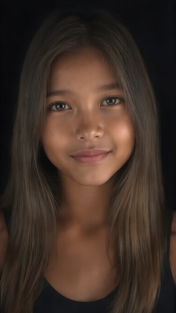 a (((hyper-realistic upper body portrait))), captured in a (((very high resolution photograph))), a young tanned Filipino teenage girl, 13 years old, with luxuriously long, straight, thick, natural soft hair and (perfectly natural amber eyes) wearing a sleek, tight, thin, deep neck dark tank top, flawless complexion. Her skin is exuding (beautifully drawn) on her face, with perfectly straight natural white teeth, smile, against a black backdrop, perfect light and shadows