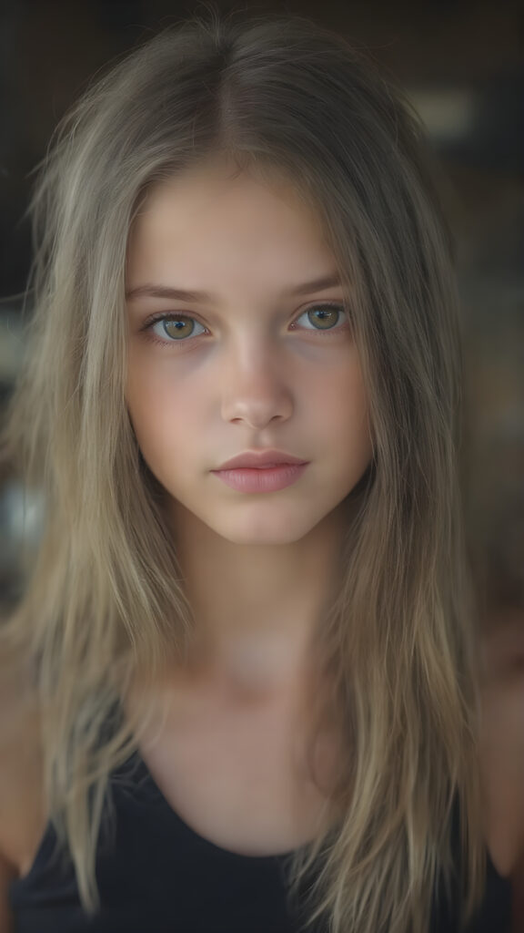 a (((hyper-realistic full body portrait))), captured in a (((very high resolution photograph))), a young girl with luxuriously long, straight, thick, natural long straight soft hair and (perfectly natural amber eyes) wearing a sleek, tight, thin, V-neck dark sports tank top, flawless complexion. Her skin is exuding (beautifully drawn) on her face, with perfectly straight natural white teeth that are clearly visible in a full body view.