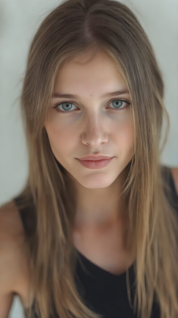 a (((hyper-realistic full body portrait))), captured in a (((very high resolution photograph))), a young girl with luxuriously long, straight, thick, natural long straight soft hair and (perfectly natural amber eyes) wearing a sleek, tight, thin, V-neck dark sports tank top, flawless complexion. Her skin is exuding (beautifully drawn) on her face, with perfectly straight natural white teeth that are clearly visible in a full body view.