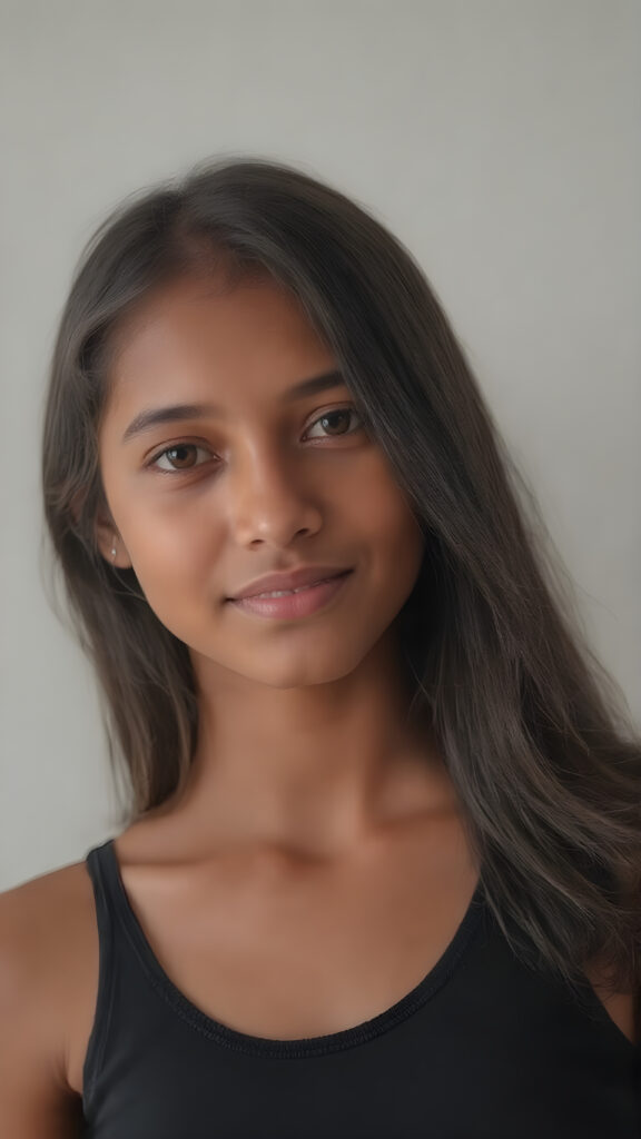 a (((hyper-realistic upper body portrait))), captured in a (((very high resolution photograph))), a young tanned Indonesian teenage girl, 13 years old, with luxuriously long, straight, thick, natural soft dark hair and (perfectly natural amber eyes) wearing a sleek, tight, thin, deep neck dark tank top, flawless complexion. Her skin is exuding (beautifully drawn) on her face, with perfectly straight natural white teeth, smile, against a light grey backdrop, perfect light and shadows