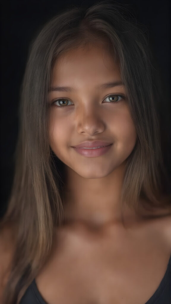 a (((hyper-realistic upper body portrait))), captured in a (((very high resolution photograph))), a young tanned Filipino teenage girl, 13 years old, with luxuriously long, straight, thick, natural soft hair and (perfectly natural amber eyes) wearing a sleek, tight, thin, deep neck dark tank top, flawless complexion. Her skin is exuding (beautifully drawn) on her face, with perfectly straight natural white teeth, smile, against a black backdrop, perfect light and shadows