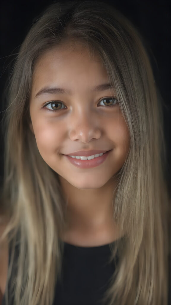 a (((hyper-realistic upper body portrait))), captured in a (((very high resolution photograph))), a young tanned Filipino teenage girl, 13 years old, with luxuriously long, straight, thick, natural soft hair and (perfectly natural amber eyes) wearing a sleek, tight, thin, deep neck dark tank top, flawless complexion. Her skin is exuding (beautifully drawn) on her face, with perfectly straight natural white teeth, smile, against a black backdrop, perfect light and shadows