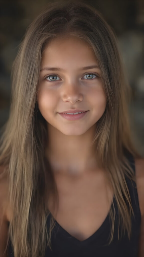 a (((hyper-realistic full body portrait))), captured in a (((very high resolution photograph))), a young girl, 13 years old, with luxuriously long, straight, thick, natural long straight soft hair and (perfectly natural amber eyes) wearing a sleek, tight, thin, V-neck dark sports tank top, flawless complexion. Her skin is exuding (beautifully drawn) on her face, with perfectly straight natural white teeth, smile