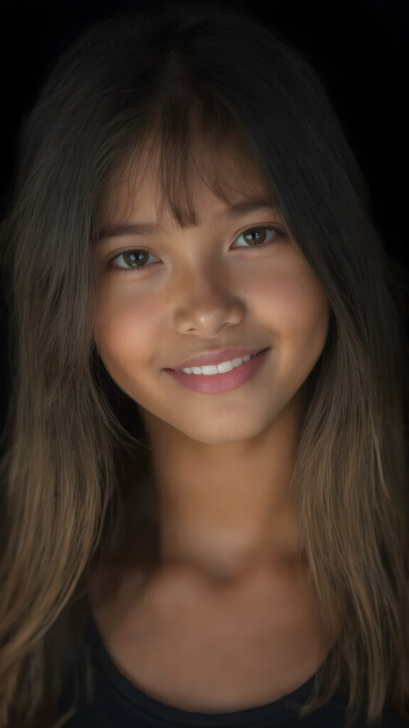 a (((hyper-realistic upper body portrait))), captured in a (((very high resolution photograph))), a young tanned Filipino teenage girl, 13 years old, with luxuriously long, straight, thick, natural soft hair and (perfectly natural amber eyes) wearing a sleek, tight, thin, deep neck dark tank top, flawless complexion. Her skin is exuding (beautifully drawn) on her face, with perfectly straight natural white teeth, smile, against a black backdrop, perfect light and shadows