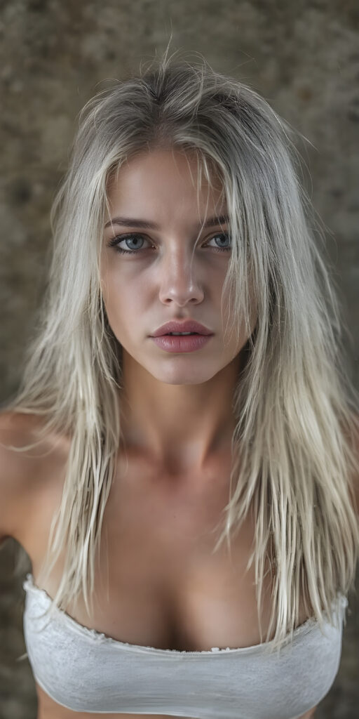 a (((hyper-realistic full angle body shot))), with intricate details and highly detailed textures, capturing a (((very beautiful young busty soiled girl))) with ((dirty skin)) and ((extremely long, sleek straight white hair)), wearing a ((white cropped tattered tank top)) that stands out against a (very dirty backdrop), her face poised in a ((natural pose)) with ((her lips open wide)) as if she is ((exuding confidence)) at a (professional studio photo shoot)