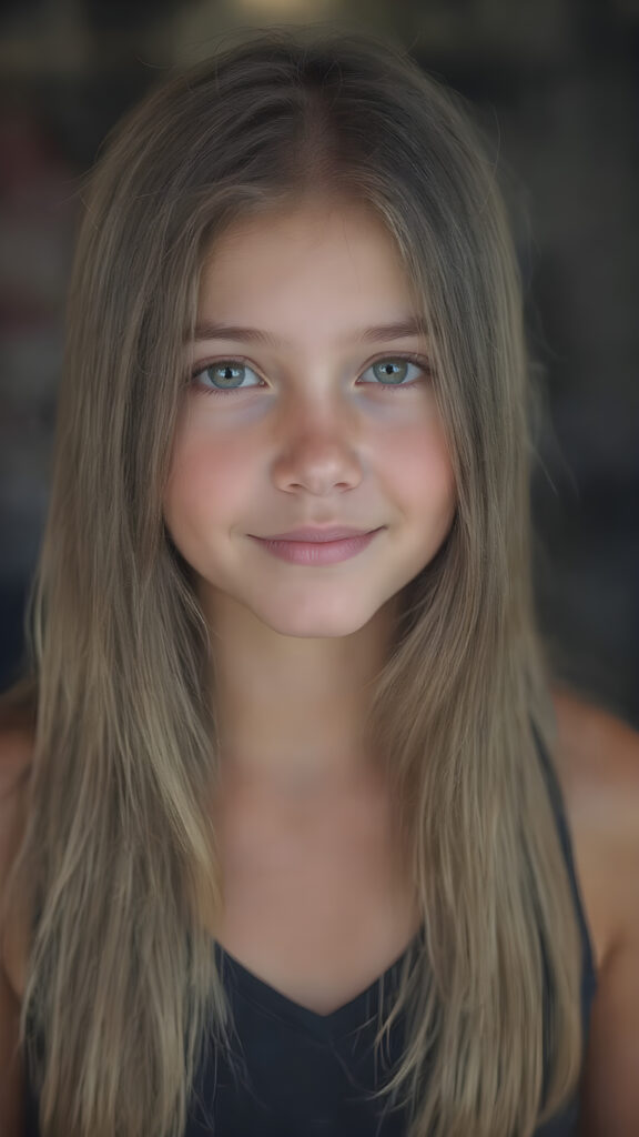 a (((hyper-realistic full body portrait))), captured in a (((very high resolution photograph))), a young girl, 13 years old, with luxuriously long, straight, thick, natural long straight soft hair and (perfectly natural amber eyes) wearing a sleek, tight, thin, V-neck dark sports tank top, flawless complexion. Her skin is exuding (beautifully drawn) on her face, with perfectly straight natural white teeth, smile