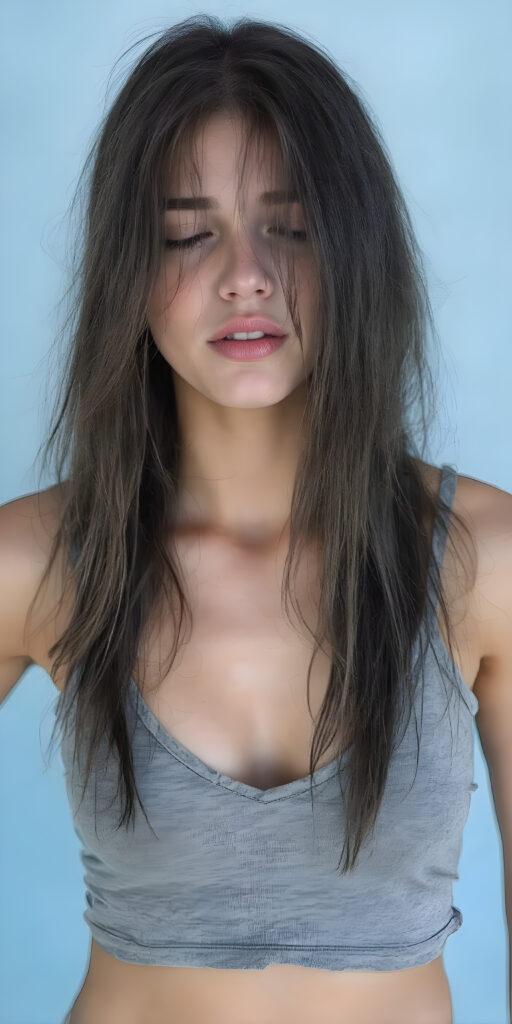 a (((hyper-realistic full angle body shot))), with intricate details and highly detailed textures, capturing a (((very beautiful young busty soiled girl))) with ((dirty skin)) and ((extremely long, sleek messy dark straight hair)), wearing a ((grey cropped tattered tank top, deep v-neck)) that stands out against a (light blue backdrop), her face poised in a ((natural pose)) with ((her lips open wide, closed eyes)) as if she is ((exuding confidence)) at a (professional studio photo shoot)