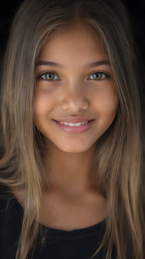 a (((hyper-realistic upper body portrait))), captured in a (((very high resolution photograph))), a young tanned Filipino teenage girl, 13 years old, with luxuriously long, straight, thick, natural soft hair and (perfectly natural amber eyes) wearing a sleek, tight, thin, deep neck dark tank top, flawless complexion. Her skin is exuding (beautifully drawn) on her face, with perfectly straight natural white teeth, smile, against a black backdrop, perfect light and shadows