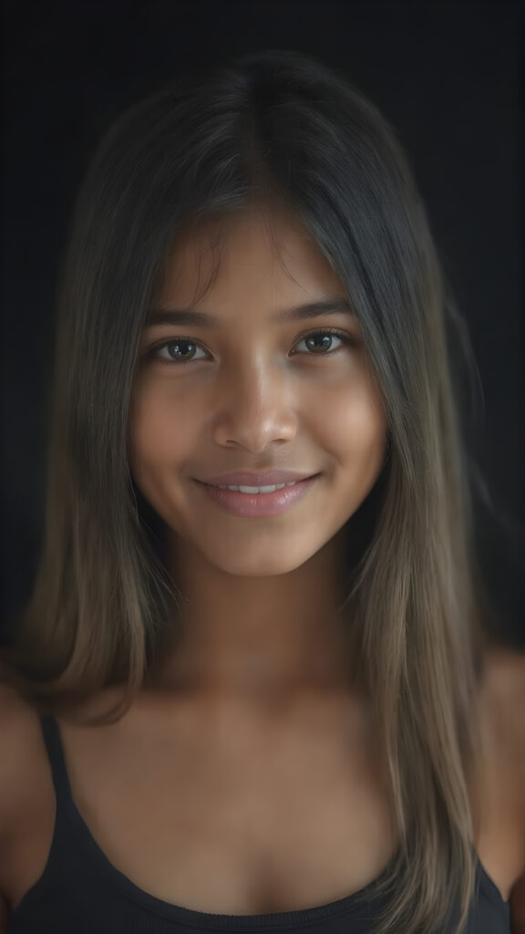 a (((hyper-realistic upper body portrait))), captured in a (((very high resolution photograph))), a young tanned Filipino teenage girl, 13 years old, with luxuriously long, straight, thick, natural soft hair and (perfectly natural amber eyes) wearing a sleek, tight, thin, deep neck dark tank top, flawless complexion. Her skin is exuding (beautifully drawn) on her face, with perfectly straight natural white teeth, smile, against a black backdrop, perfect light and shadows