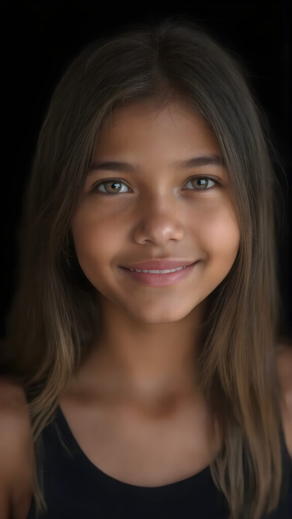 a (((hyper-realistic upper body portrait))), captured in a (((very high resolution photograph))), a young tanned Filipino teenage girl, 13 years old, with luxuriously long, straight, thick, natural soft hair and (perfectly natural amber eyes) wearing a sleek, tight, thin, deep neck dark tank top, flawless complexion. Her skin is exuding (beautifully drawn) on her face, with perfectly straight natural white teeth, smile, against a black backdrop, perfect light and shadows